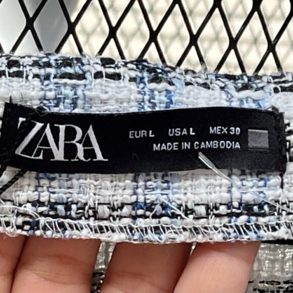 ZARA Women's Textured Off Shoulder Cropped Top Jacket Blue White Plaid Sz Large - Picture 7 of 12